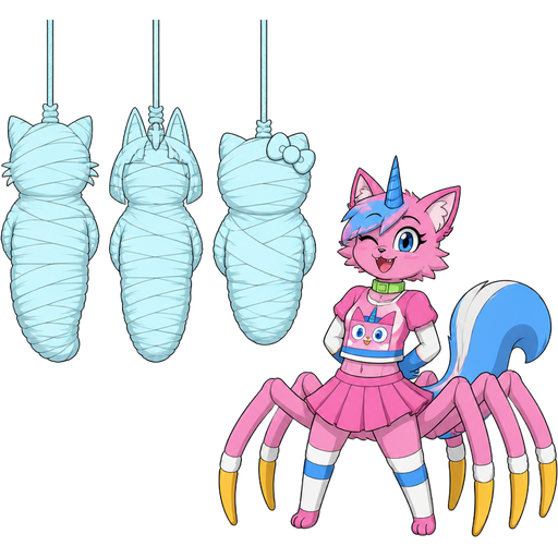 wrapped up and mummified fully covered in a #B8FFFF spider slik cocoon shaped tom (tom and jerry) arms behind back with #B8FFFF spider slik wrappings completely covered with thick layers non-transparent #B8FFFF spider slik wrappings wrapped up and mummified fully covered in a #B8FFFF spider slik cocoon shaped like ankha ( animal crossing) arms behind back with #B8FFFF spider slik wrappings completely covered with thick layers non-transparent #B8FFFF spider slik wrappings hanged to the ceiling on the left side next to wrapped up and mummified fully covered in a #B8FFFF spider slik cocoon shaped like hello kitty arms behind back with #B8FFFF spider slik wrappings completely covered with thick layers non-transparent #B8FFFF spider slik wrappings hanged to the ceiling the left side next to wrapped up and mummified fully covered in a #B8FFFF spider slik cocoon shaped like garfield arms behind back with #B8FFFF spider slik wrappings completely covered with thick layers non-transparent #B8FFFF spider slik wrappings happy anthro femboy pink cat drider with blue and white tail white wrists blue hands white ankles yellow tips on spider legs green collar blue unicorn horn wearing femboy clothing based on unikitty