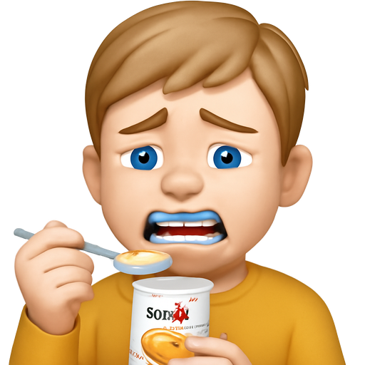 12 year old boy with braces, with white skin, Braces, blue eyes, dirty blonde hair, braces with blue bands, with a painful mouth, eating yoplait orange crème yogurt