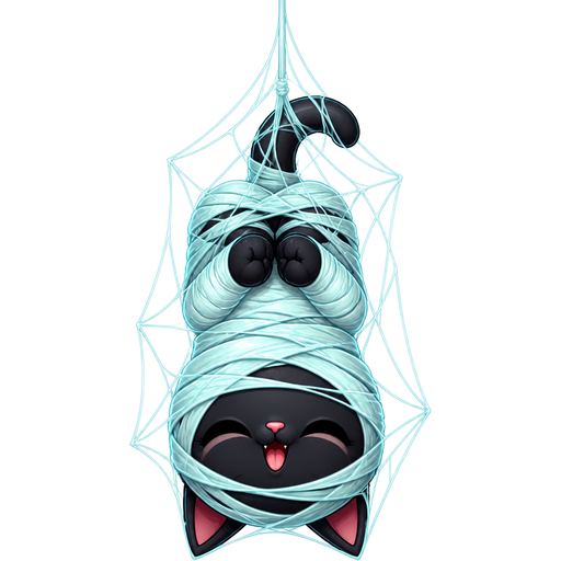 #B8FFFF slikworm cocooned #B8FFFF mummified anthro black cat happy upside down hanged upside down covered with #B8FFFF thin coat of #B8FFFF spider webs