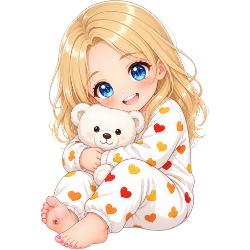 Gör en tjej med blont hår blåa ögon i fyra års åldern med en vit lång pyjamas med gula röda och orangea hjärtan på den med ett litet sår på fötterna rosa naglar jättefina tänder som håller i en vit nallebjörn