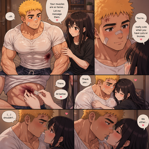 ic book story about of a Bulky and less shredded or muscular ANIME Cute Bara Man American 20 year old with a ROUND and BASIC facial structure and Young Adult BARA CUTE that is Peach Toned skin not anything else MALE not to detailed With bigger than average Pecs that are visible through the shirt and Biceps and a big Bandaid on his nose and Left Cheek and Right Eye brow with Scars all over his Chest and arms. Wearing a no piercings Wearing a baggy White Shirt that is tight around the waist with and Pajama pants and drenched in sweat and Short and yellowish orange Hair and Bright Gold fluffy Hair and Strait with brown eyes and black eyebrows with a Three finger Slash on his Eyebrow. With no Facial Hair. Sitting down on his bed with his crush at his house. She messages his biceps and he has a bloody bruise on the side of his month. And she says he’s cute when you have cuts or bruises she puts a bandaid on one and hugs him. And they god for a kiss but are reluctant