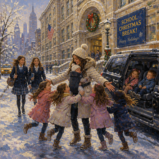 give me a mom holding her baby with the baby carrier and the five sisters running to the Mom and the 10 year-old sisters are walking to the Mom and the toddler girl and the toddler boy are sitting in the car in the car seat sleeping and they are outside of their big big big school for Christmas break in New York City with the snowy view