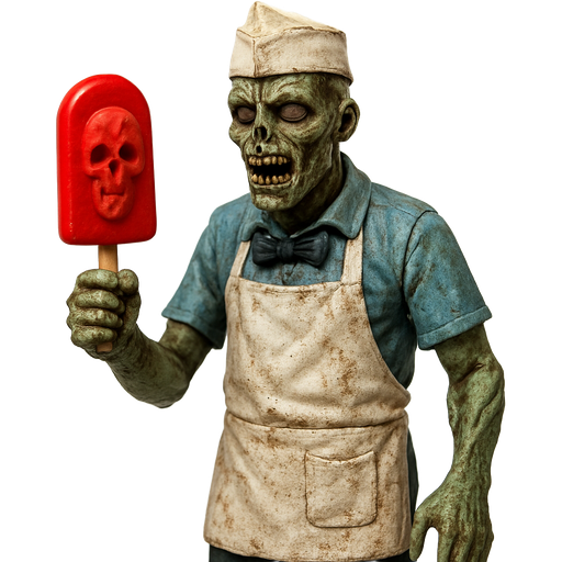toy action figurine version zombie ice cream vendor with a red popsicle with a skull inside it toy action figurine version