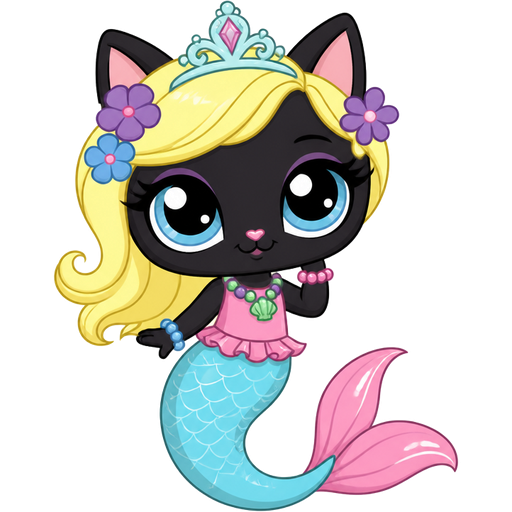 black cat with light yellow hair purple and blue flowers light cyan crown purple and green necklace pink and blue bracelets pink dress attached to long light cyan mermaid tail with white highlights with pink tail fins with white highlights (Hasbro brand new littlest pet shop tv series)