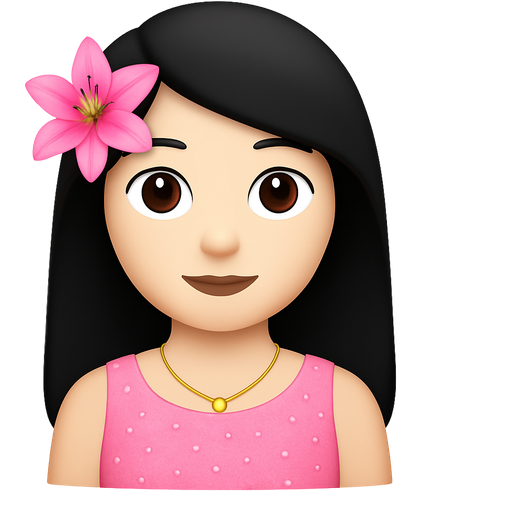 white skin girl with “”black “”soft long hair, pink lily flower in her hair, wearing pink Thread dress , Gold necklace ,very Small and scattered pieces of white pearls in it