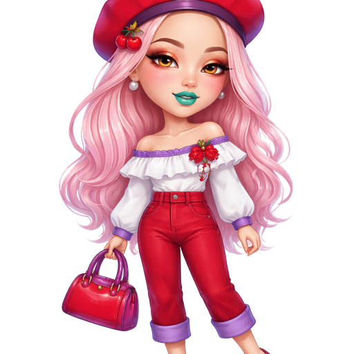 Crepe Suzette With a Fair-Light Neutral Beige Skin Tone and a Heart Shaped Lip Shape and a Lifted Eyelash Set up and a Matte Turquoise Lipstick With a Peach Eyeshadow and a Thin Eyebrow Shape and a Upturned Eye Shape With a Triangle Face Shape Wearing a Red Beret with the Brim being in Purple and a Cherry Clip on the Left side of the Hat with Pastel Pink Long Hair Wearing a White Off The Shoulder Tunic Top With the Brim being Purple With a Red Lace and a Cherry Clip Right Next to it Also Wearing Red Denim Pants and When it’s Rolled up at the bottom it’s Purple Wearing Purple Flats with a Red Bow on Top Carrying a Red Hand Purse With a Purple Handle With a Mature Adult Toned Build and Luxury Glossy