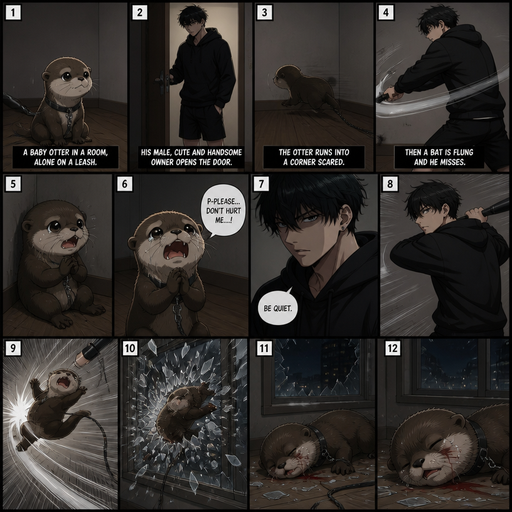A comic book Picture by picture and shows every action of a A baby otter in a room alone on a leash and his male Cute and Handsome wearing a Black Hoodie and Shorts owner the owner opens the door and the otter runs into a corner scared. Then a bat is flung and he misses The otter flinches and begs not to but he doesn’t listen and the otter flys and hits the window and lays there