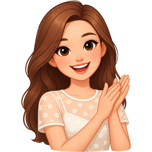 light skin woman with long chestnut brown hair wearing a summer illusion top short sleeves clapping in her hands