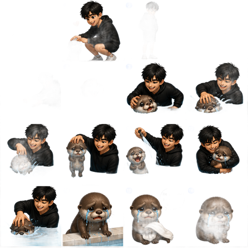 A comic book Picture by picture and shows every action of a A baby otter and his male Cute and Handsome wearing a Black Hoodie and Shorts owner the owner is in the swimming pool and the otter Jumps in with him and the otter says he’s going to have fun but the owner excessively bullies him In the pool and then it gets out crying saying how the owner gave him a hard time today