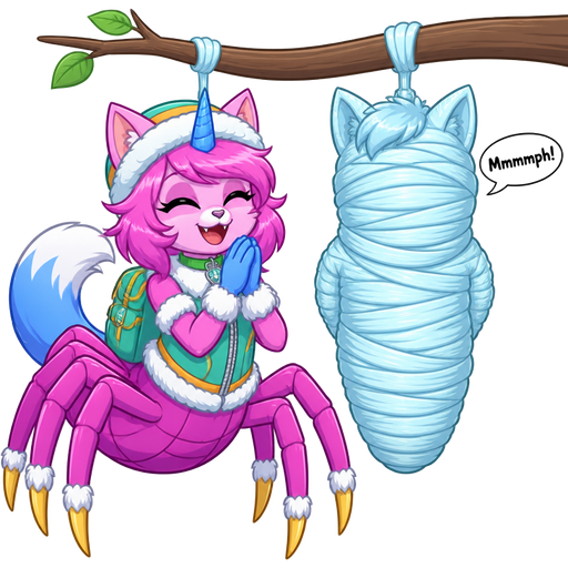happy anthro girl pink cat drider with blue and white tail white wrists blue hands white ankles yellow tips on spider legs green collar blue unicorn horn wearing everest's hat clothing with backpack I wrapped you in a cozy and snugly cocoon next to wrapped up and mummified fully covered in a #B8FFFF spider slik cocoon shaped like furry cat boy kid anthro arms behind back with #B8FFFF spider slik wrappings completely covered with thick layers non-transparent #B8FFFF spider slik wrappings Mmmmph! hanged to the branch
