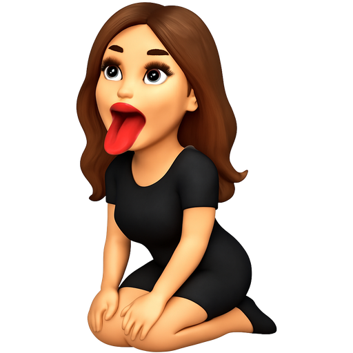 White woman, brown hair, gray eyes, long thick lashes, kneeling, full lips with red lipstick, mouth open, and tongue out, wearing black dress