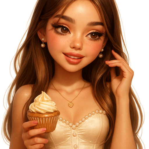 luxury glossy bratz-anime romantic aesthetic, warm cinematic glow, crisp clean detail, glossy glam skin. petite girl, warm soft-autumn tone, fair skin, honey-brown almond eyes, soft freckles, warm toasty glam makeup, glossy nude lips, flutter lashes, sweet Belle-princess vibe, long brunette honey balayage hair with visible light honey blonde highlights, soft straight glossy hair with parted face pieces, flushed soft pink blush and glossy plump lips, pearl trim corset top with satin bow mini skirt, pearl earrings and tiny gold locket heart necklace, holding a cupcake while giggling and touching hair, pop-princess energy, shimmer highlight, sparkly glow
