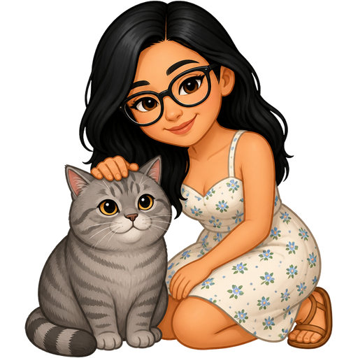 light tan woman with black hair and glasses wearing a summer dress petting a grey tabby British Shorthair cat