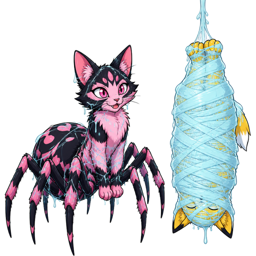 #B8FFFF spider slik cocoon #B8FFFF mummified completely covered yellow fox hanged upside down covered with #B8FFFF thin coat of #B8FFFF spider webs and covered with thick layer of #B8FFFF spider slik webbing next to pink and black cat drider hybrid