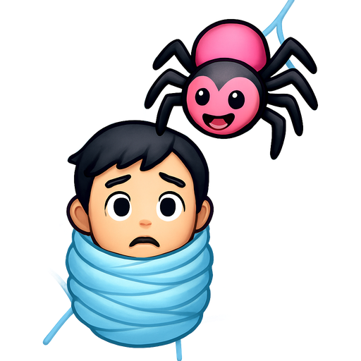 #B8FFFF slikworm cocooned pod black haired boy confused covered with #B8FFFF huge coating of #B8FFFF slik and huge #B8FFFF slik wrappings and huge #B8FFFF webbing wrappings #B8FFFF stuck in a giant #B8FFFF spider web with a happy giant pink and black cat spider hybrid cartoon style emoji, fun expressive character