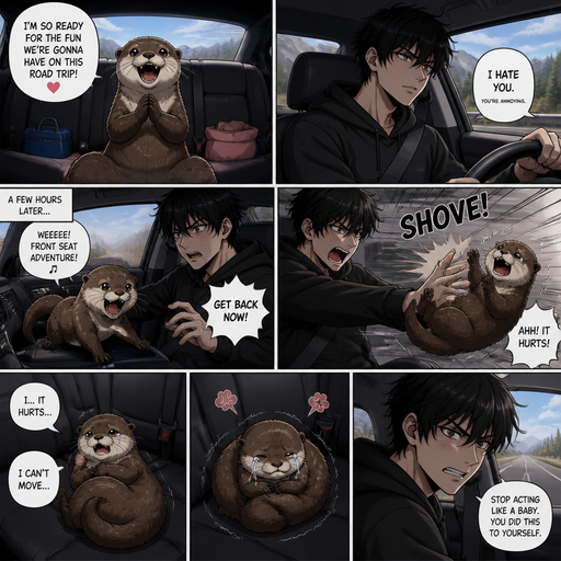 An Real life Anime comic book impact of a A otter seating in the back and talks about how ready he is for the fun there going to have and also in the car his Cute and Handsome owner who hates the otter wearing a Black Hoodie and Shorts owner who is on a road trip with his otter in the back and the otter climes to the front and Squirms in the front seat and is thrown back into his chair says it hurts. And he lays there and can’t move. And Cries and Curls up and Cries and gets mad at him