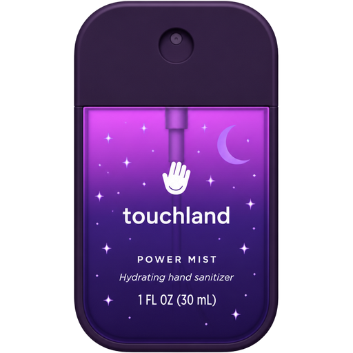 Touchland power mist hydrating hand sanitizer 1 fl oz (30 mL) with a neon purple and dark purple at the bottom with stars, a purple moon, and dark purple touchland hand sanitizer case