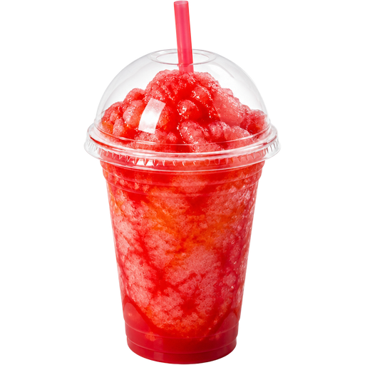 Strawberry Sunset Shaved Ice Slushie in a Plastic Cup and Plastic Dome Lid with a Straw Mixed in with Extra Syrup