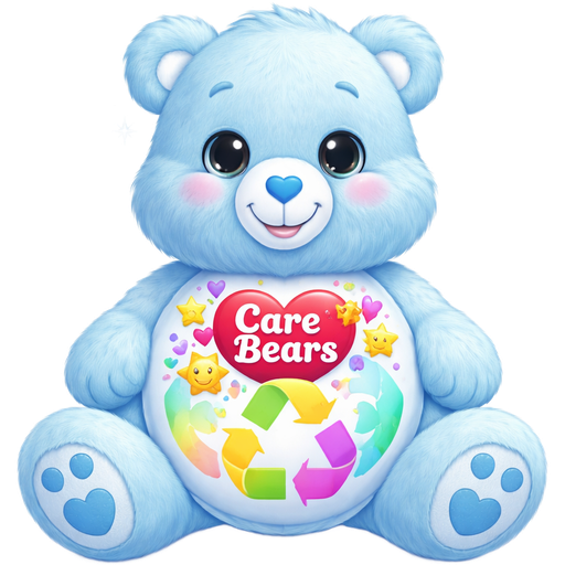 Recycling Pastel Blue Care Bear with a Multicolored Rainbow Recycling Sign and a Classic Care Bears Red Heart Logo That Reads “Care Bears” in White letters in the Middle with Hearts and Starbuddies Surrounding it on the Stomach Black Eyes and a Blue Heart nose