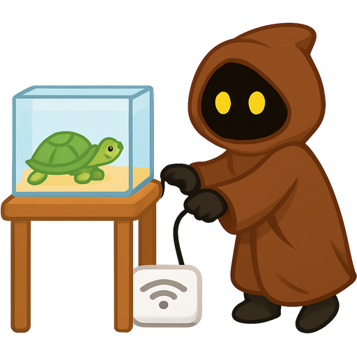 There is a small table. On the table is a small turtle in a rectangular glass tank. Also on the table is a WiFi modem. A cute Jawa is standing on tiptoe to unplug the modem