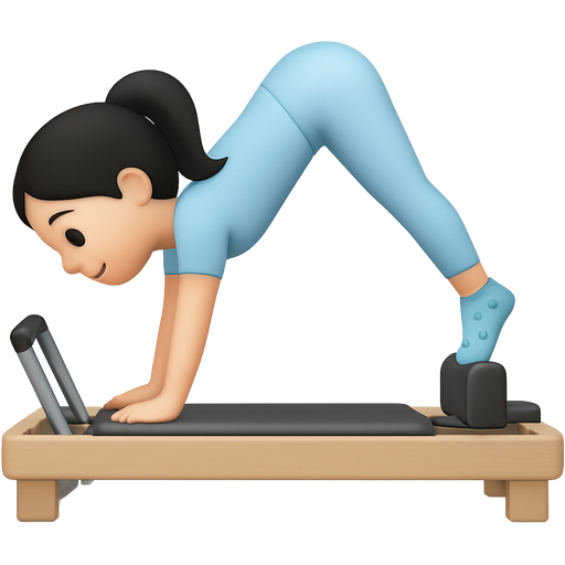 Pilates Princess Emoji: • Girl in a matching pastel workout set on a Pilates reformer • Wearing grip socks with little hearts on them. The socks are light blue • Make girl small and doing a downward pike on the refromer. She is wearing a light blue shirt and leggings. Her hair is black. Her skin is fair.