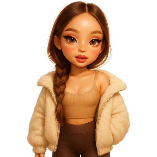 luxury glossy bratz-doll romantic aesthetic, warm cinematic glow, crisp clean detail, glossy glam skin. brown eyed Petite girl, fair skin with soft freckles, long wide face with tall forehead, honey-golden almond wide-set upturned eyes, fluttery lashes, shimmer highlight, plush lips, bottom heavy lip, sweet Belle-princess vibe, long straight brunette hair with visible light blonde highlights, softly defined feminine body, soft hourglass shape with full round bust, wearing honey beige ribbed cropped cami with soft scoop neckline, layered under oversized cream sherpa zip-up jacket hanging off shoulders, paired with muted chocolate high-waist leggings, black platform ankle heeled boots with pointed toes, warm honey gloss, hair in soft side-parted fishtail braid over shoulder with tendrils framing face, almond shimmer eyeshadow and subtle coral blush. Cozy romantic glow, soft warm lighting, pop-princess energy, shimmer highlight, sparkly glow