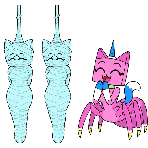 cartoon network version wrapped up and mummified fully covered in a #B8FFFF spider slik cocoon shaped like anthro cat girl anthro whimper arms behind back with #B8FFFF spider slik wrappings completely covered with thick layers non-transparent #B8FFFF spider slik wrappings hanged to the ceiling *whimper* on the left side next to wrapped up and mummified fully covered in a #B8FFFF spider slik cocoon shaped like anthro cat girl anthro whimper arms behind back with #B8FFFF spider slik wrappings completely covered with thick layers non-transparent #B8FFFF spider slik wrappings hanged to the ceiling *whimper* the left side next to smiling happy eyebrows anthro femboy pink cat drider with blue and white tail white wrists blue hands white ankles yellow tips on spider legs green collar blue unicorn horn giggling based on unikitty *giggles*