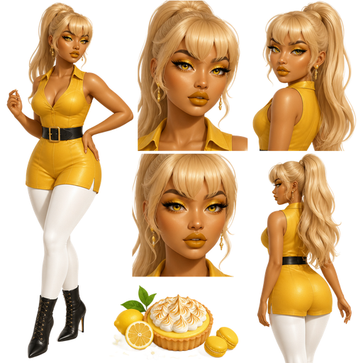 Lemon Meringue With a Fair-Light Neutral Beige and a Heavy Upper Lip Shape with a Open Eyelash Style Set Up and a Dark Mustard Yellow Matte Lipstick and a Orange-Yellow Eyeshadow with a Tapered Eyebrow Shape with a Upturned Eye Shape and a Diamond Face Shape with a Long Bright Blonde Ponytail Including Bangs and Yellow Eyes with a Yellow Saffron Skirted Shift Romper and a Thick Black Belt Wearing Long White Legging Pants with Black Lace Up Pointed Toe Ankle Boots and a Luminous Glazed Complexion with a 3D Naturalistic Animation and a Mature Adult Curvy Toned Build with a Luxury Glossy and a Refined Pristine Set Up with a Theatrical Appearance