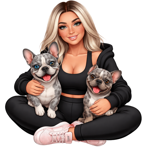 A thick baddie woman with icy blonde hair parted dark in the middle and grey colored almond shaped and many freckles across her nose sitting in the middle of a yoga pose in black workout clothes open black sweater black tank top covering her stomach and light pink adidas hugging a grey blue spotted merle french bulldog with one blue eye and one brown eye and another smaller gray merle french bulldog with brown eyes and tongue sticking out
