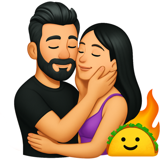 The boy in black t-shirt hugs a girl in PURPLE BRA, his hair is dark styled up with some grey hair, he has full beard moustache dark with grey, girl has light BLACK long hair, they hold each other’s cheeks and neck and behind them there are fire and 5 small hearts AND CUCUMBER WATER DROPLETS AND A TACO WITH A HAPPY SMILLING FACE