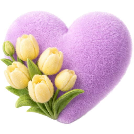 Crée un cœur Lila fuzzy Velvet avec des fleurs tulips 🌷color Amarillo muy claro Fuzzy en un lado textura Velvet
