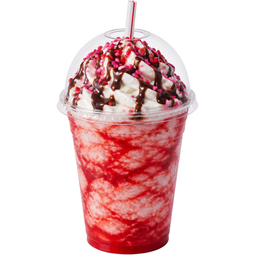 Valentine’s Day with Whipped Cream and a Chocolate Drizzle with Pink and Red Sprinkles on Top Shaved Ice Slushie in a Plastic Cup and Plastic Dome Lid with a Straw Mixed in with Extra Syrup