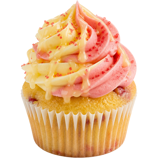 Lemonberry Cupcake with Lemon Buttercream Frosting Swirled with Strawberry Buttercream Frosting on Top Drizzled with Lemon Icing on Top and Strawberry Sugar