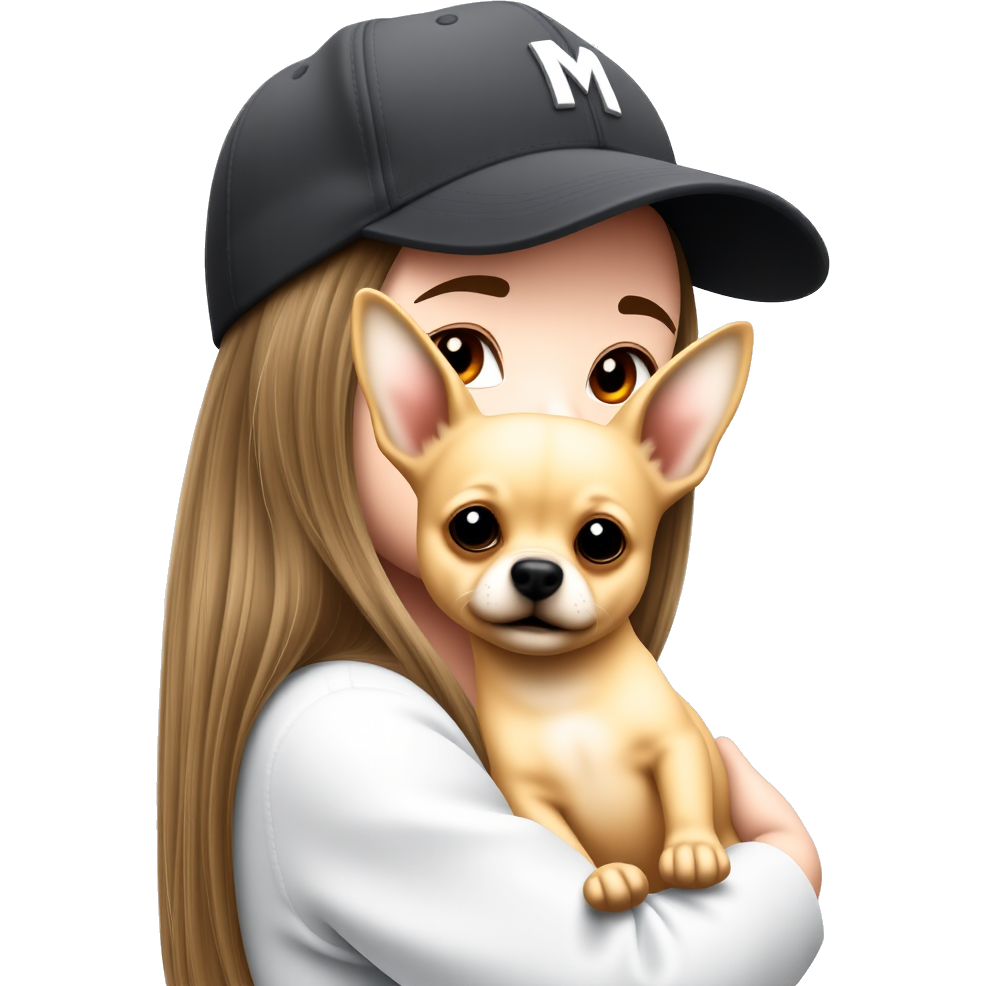 A girl with long hair and fair skin is wearing a black baseball cap and holding a yellow Chihuahua in her arms.
