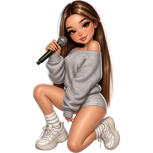 semi-realistic soft cartoon luxury glam, mini plush Bratz-doll aesthetic, cinematic glow, crisp clean detail, glossy glam skin. brown eyed Petite 5ft girl, fair skin with soft freckles, wide face with tall forehead, honey-brown almond wide-set upturned eyes, fluttery lashes, shimmer highlight, plush lips, bottom heavy lip, sweet Belle-princess vibe, long straight brunette hair with visible caramel highlights, wearing an oversized heather grey off-shoulder sweatshirt with tiny fitted shorts underneath, slouchy socks and chunky sneakers, holding a mic and doing a cute playful stage pose with one knee bent