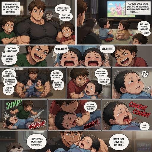 A DETAILED AND LIFELIKE Anime Comic Book story view of a Bulky but Muscular ANIME Cute Bara Man With Peach toned skin Who looks Normal aind round facial Structure and Basic facial structure With Puffy and Big Pecs that are visible through the shirt and Biceps and Bandaid on his nose and Brown short hair that makes them look tough. Wearing normal With his pet Grown and healthy realistic otter and 2 little brothers that despises the baby and the baby knows and baby that are in different ages but young. At the house, the baby is with his best friend baby on a play date and the brother‘s hate the baby and The baby‘s friend. And they watched their favorite show, and the little brothers roast the babies about there hairline and how there chubby and built like bean bags and act like them. but have no regrets on making them cry, so he goes onto the floor with them and snuggles them. and the baby expresses so much how he loves big bro. and one of the brothers takes the baby and messes with it. and the babies head jerks left, and has a little bit of red come out of its nose. And one of the brothers jumps up and lands on top of the baby. in a sitting position. and weighs down the baby. and red comes out and coughs out from the baby