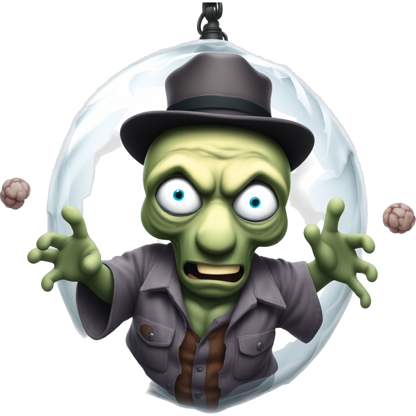 Zombie Squidward floating in a tattered bubble, his skin a mottled green with rotting tentacles. Wearing a shredded Hawaiian shirt and a torn fedora, his eyes glow a ghostly blue. Surrounding him are tiny floating brains, adding to the eerie underwater ambiance.