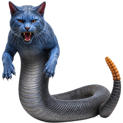 sorket the cat naga horror flim a blue cat with a long grey snake body with an orange rattlesnake tail