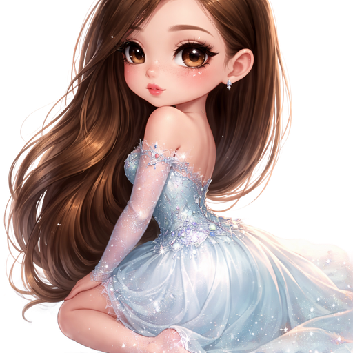 chibi girl: back view sitting looking over shoulder with hair completely swept over shoulder: semi-realistic soft cartoon luxury glam, mini plush Bratz-doll aesthetic, cinematic glow, crisp clean detail, glossy glam skin. brown eyed Petite 5ft girl, fair skin with soft freckles, wide face with tall forehead, honey-brown almond wide-set upturned eyes, fluttery lashes, shimmer highlight, plush lips, bottom heavy lip, sweet Belle-princess vibe, long straight brunette hair with visible caramel highlights, side-part hair all swept to the side over shoulder softly defined feminine body, full round bust, dressed in a icy blue fitted top with crystalline embroidery, flowing skirt in silver and pale aqua layers, frost-inspired detailing, winter fantasy costume. medium length hair, not too long. full body showing. Cozy romantic glow, soft warm lighting, pop-princess energy