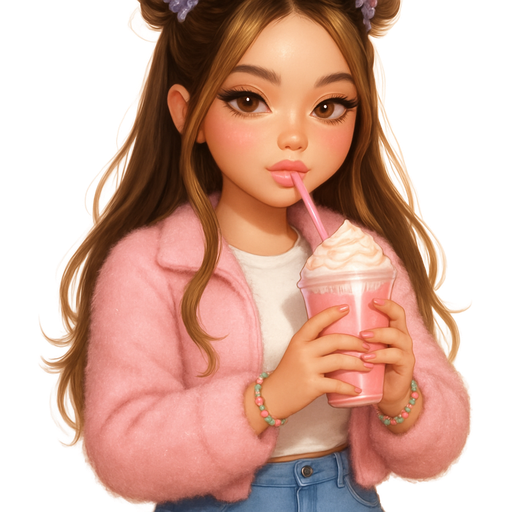 honey brown eyes and light honey highlights in hair, luxury glossy bratz anime-romantic aesthetic, warm cinematic glow, crisp clean detail, glossy glam skin. petite girl, soft-autumn tone, fair skin, honey-brown almond eyes, soft freckles, round, full moderate bust, chubby upper arms, sweet Belle-princess vibe, long brunette honey balayage hair with visible light blonde highlights, straight sleek with face pieces, baby pink fuzzy cropped jacket, white baby tee, denim mini cargo skirt, pastel sneakers; messy space buns with butterfly clips; sparkly lids, bubblegum cheeks, juicy pink gloss; beaded friendship bracelets; sipping strawberry milkshake , pop-princess energy, shimmer highlight, sparkly glow
