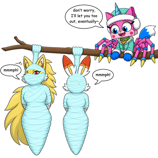 wrapped up and mummified fully covered in a #B8FFFF spider slik cocoon shaped like female anthro yellow kitsune anthro with arms behind back with #B8FFFF spider slik wrappings completely covered with thick layers non-transparent #B8FFFF spider slik wrappings based on ninetales hanged to the branch mmmph! on the left side next to wrapped up and mummified fully covered in a #B8FFFF spider slik cocoon shaped like female anthro rabbit anthro behind back with #B8FFFF spider slik wrappings completely covered with thick layers non-transparent #B8FFFF spider slik wrappings based on scorbunny hanged to the branch mmmph! on the the right side next to happy male anthro furry pink cat with blue and white tail white wrists blue hands white ankles yellow tips on eight spider like legs green collar blue unicorn horn based on unikitty wearing everest's hat and clothing sitting on a branch don't worry, I'll let you too out, eventually~
