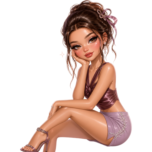 semi-realistic soft cartoon luxury glam, mini plush Bratz-doll aesthetic, cinematic glow, crisp clean detail, glossy glam skin. brown eyed Petite 5ft girl, fair skin with soft freckles, wide face with tall forehead, honey-brown almond wide-set upturned eyes, fluttery lashes, shimmer highlight, plush lips, bottom heavy lip, sweet Belle-princess vibe, long straight brunette hair with visible caramel highlights, wearing a mulberry satin draped crop top with elegant twist-front detail and a dusty lavender micro mini with rhinestone vine trim, crystal earrings and heeled sandals, hair in a polished claw-clip French twist with ribbon-threaded tendrils, makeup with berry shimmer, mauve blush, elongated liner, and glossy cool-rose lips, resting one hand against her cheek with enchanted-night-fairy energy