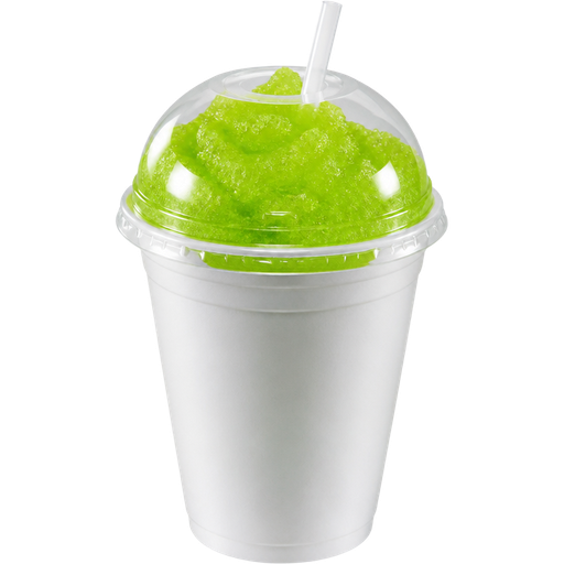 Green Apple Lime Soft Shaved Ice Slushie in a White Plastic Cup and Plastic Dome Lid with a Straw Mixed in with Extra Syrup