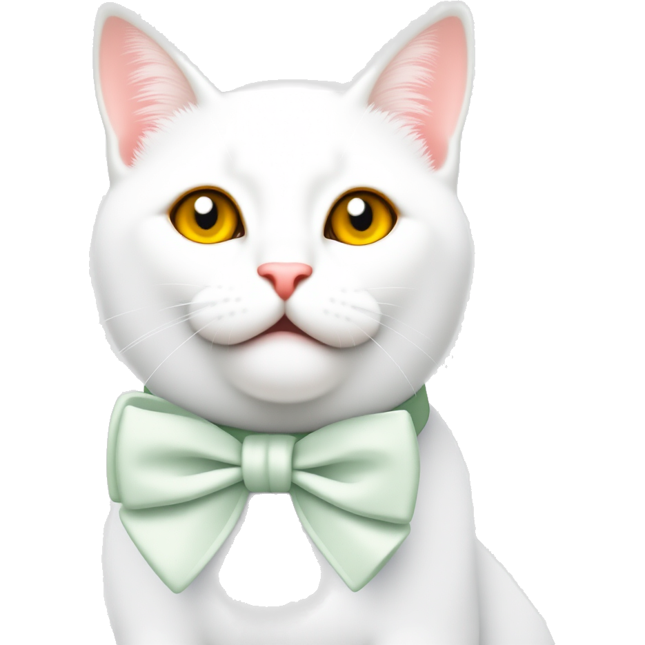 White cat with a light green bow around its neck