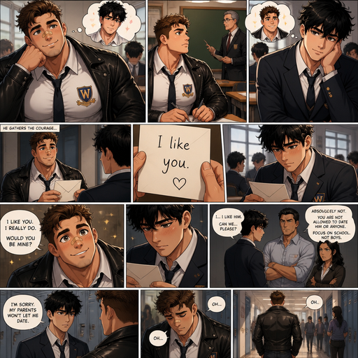 of a Bulky ANIME character but Muscular and more ANIME Cute Bara Man Who looks Normal and American with a round facial Structure and Basic facial structure With Puffy and Big Pecs that are visible through the shirt and Biceps and Bandaid on his nose and the perfect Physique. Wearing a School uniform with the logo and pants with a leather jacket over. At school in the classroom and he looks at his crush and dreams about him and then focuses on the teacher and then his crush looks at him and then dreams about him. And then he gives a letter to the crush saying I like you. And looks up at him smiling and making a Cute and irresistible smile to his crush while he reads the note. But his crush’s parents won’t let him date. And he tells him and his crush. He and he walks away and says oh