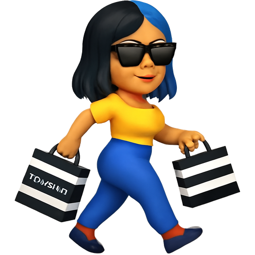 A grown lady with half black half blue hair and blue eyebrows and black sunglasses walking with two shopping bags from Sephora and a big butt