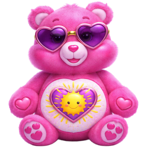 Shine Cerise Care Bear with a Yellow Rising Smiling Sun with Purple Rays inside A Picture Heart and yellow rays outside of the heart on the stomach with a pink heart nose Wearing Purple Heart sunglasses and a Gold Bridge Connecting the Sunglasses with Pink Hearts on the Paws