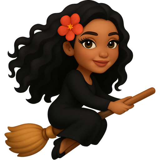 very pretty girl flying a broomstick with long black curly hair dark brown eyes,eatinggoldfish long lashes, flower behind ear