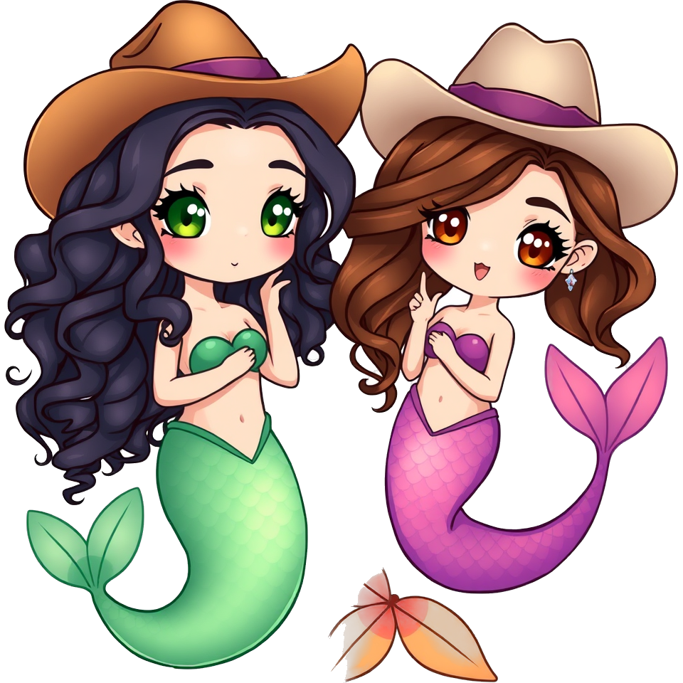 Two mermaids wearing cowboy hats, one of them is light skin Indian woman with green eyes and long black curly hair and a green pink ombré mermaid tail, one of them is a brunette with brown eyes and long wavy hair and has a purple orange ombré tail