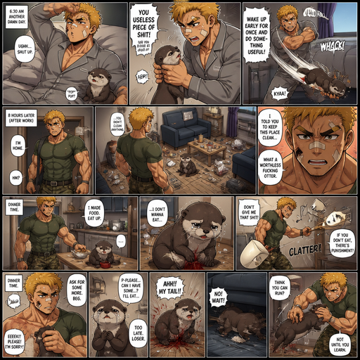 A very lifelike and Detailed Full page Anime Comic book story about of a Bulky ANIME Cute Bara Man American 20 year old with a ROUND and BASIC facial structure and Young Adult BARA CUTE that is Peach Toned skin not anything else MALE not to detailed With bigger than average Pecs that are visible through the shirt and Biceps and a big Bandaid on his nose and Left Cheek and Right Eye brow with Scars all over his Chest and arms. Wearing a Tight Military Green Top that is tight around the waist and Baggy Camo Cargo pants drenched in sweat and Short and yellowish orange Hair and Bright Gold Fluffy Hair and Strait with brown eyes and black eyebrows with a Three finger Slash on his Eyebrow. With no Facial Hair. Waking up in the morning in pajamas and his pet otter but Excessively bully’s it. And when he comes back from work he sees the otter right we’re he left him with trash around him and made a mess. He makes dinner and the Otter doesn’t even eat dinner and cries. And he Tips lamp over and Every food the otter doesn’t eat there are is discipline. and asks for some and the looses a tail and tries to run under the couch but stops him. And the otter Receives Discipline that.